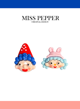 原创设计可爱卡通人物头像耳钉女甜美少女心耳环夹撞色小丑耳饰女