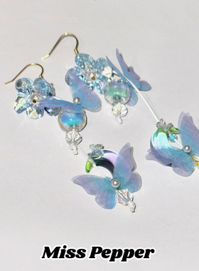 蝶影幻彩耳坠蓝色系仙女小清新耳环古风女孩月牙串珠蝴蝶耳饰女