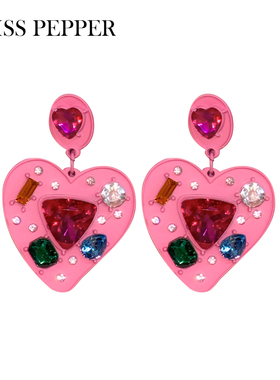 芭比粉色镶彩钻土酷爱心宝石网红辣妹耳钉甜美少女桃心夸张耳环