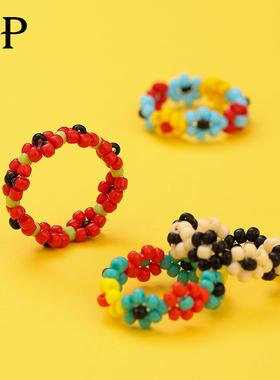 夏日新款手作小众设计花朵泫雅风戒指女时尚个性潮流网红串珠指环