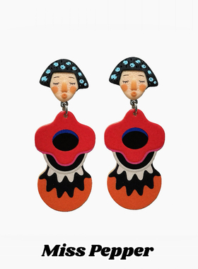 原创手作人脸花朵耳钉撞色设计个性造型复古风情穿搭时尚达人必入