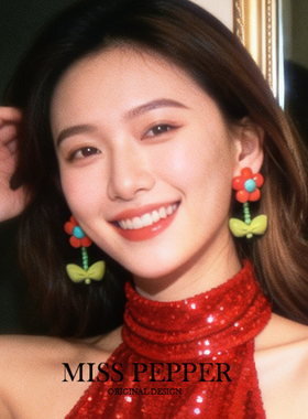 2025年新款可爱立体红色花朵耳环女甜美少女心耳钉耳饰耳夹耳坠