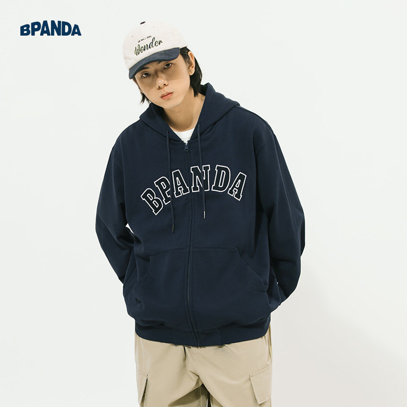 熊猫本 连帽卫衣外套男春季贴布绣国潮简约日系休闲春秋拉链开衫
