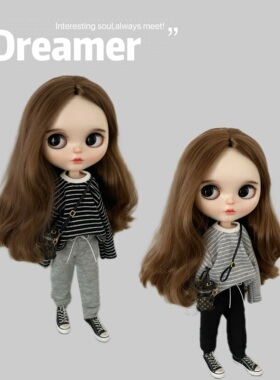 blythe小布娃娃ob24 azone19关节素体 蓝豆豆娃衣条纹上衣 卫裤