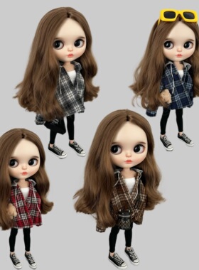 blythe小布娃衣ob24 azone19关节 bjd小六素体复古假两件格子外套