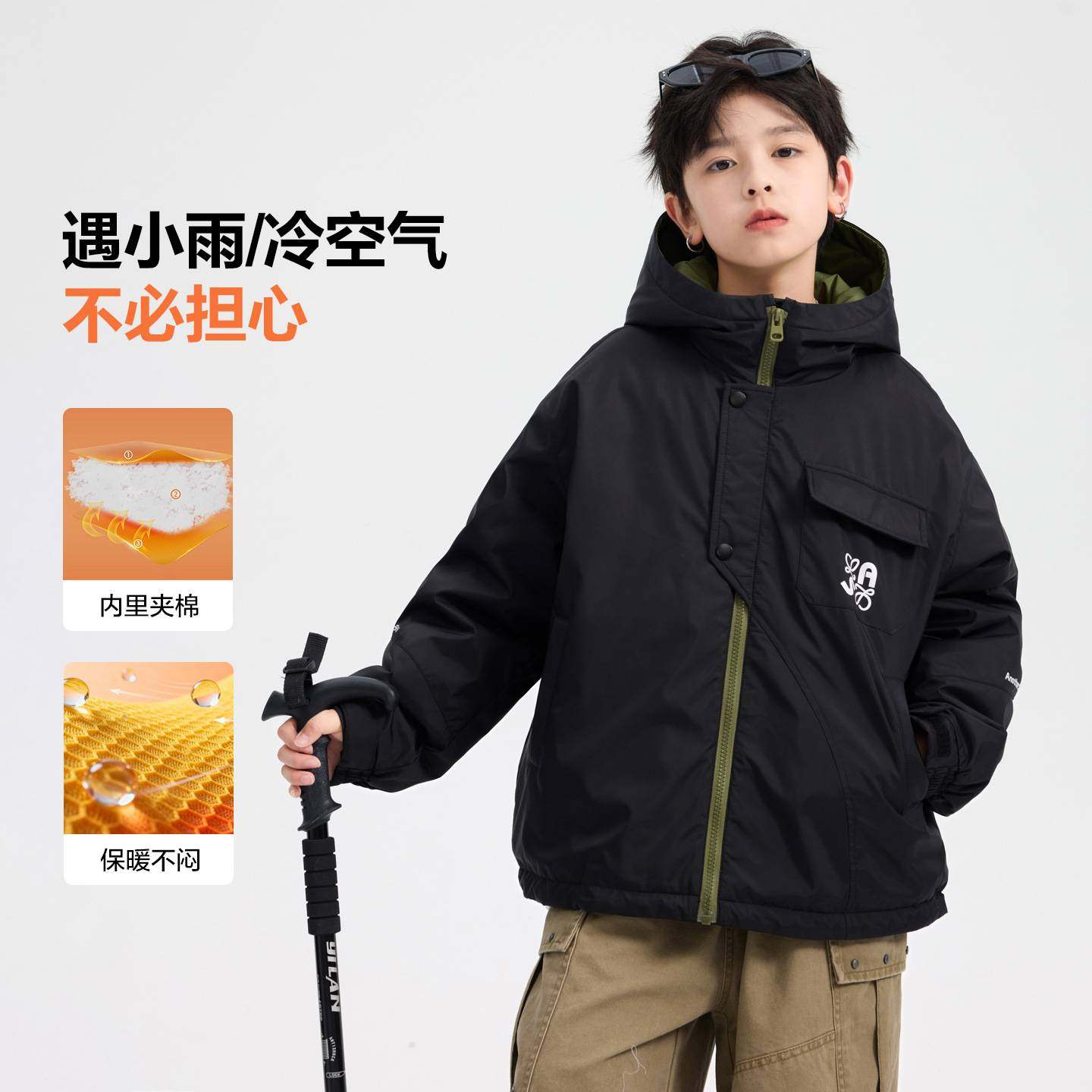 品牌专柜男童冬装撞色防水连帽工装冲锋衣棉服2025新款儿童装运动