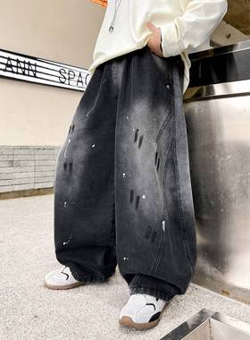 品牌专柜男大童春季泼墨阔腿黑色弯刀牛仔裤2025新款儿童男孩直筒