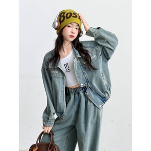 品牌专柜女童春款牛仔套装2026新款韩系复古阔腿裤两件套潮范休闲