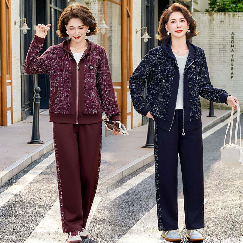 品牌专柜妈妈秋装韩版连帽外套长裤两件套中老年女装时尚显瘦洋气