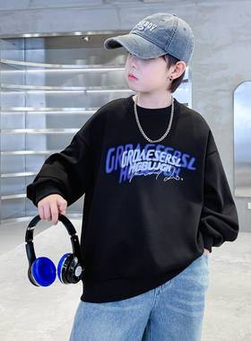 品牌专柜男童早春季黑色反光字母宽松卫衣2025新款青少年儿童春秋