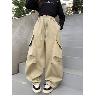 品牌专柜女童工装裤潮酷风2026春款阔腿长裤子松紧腰宽松直筒中大