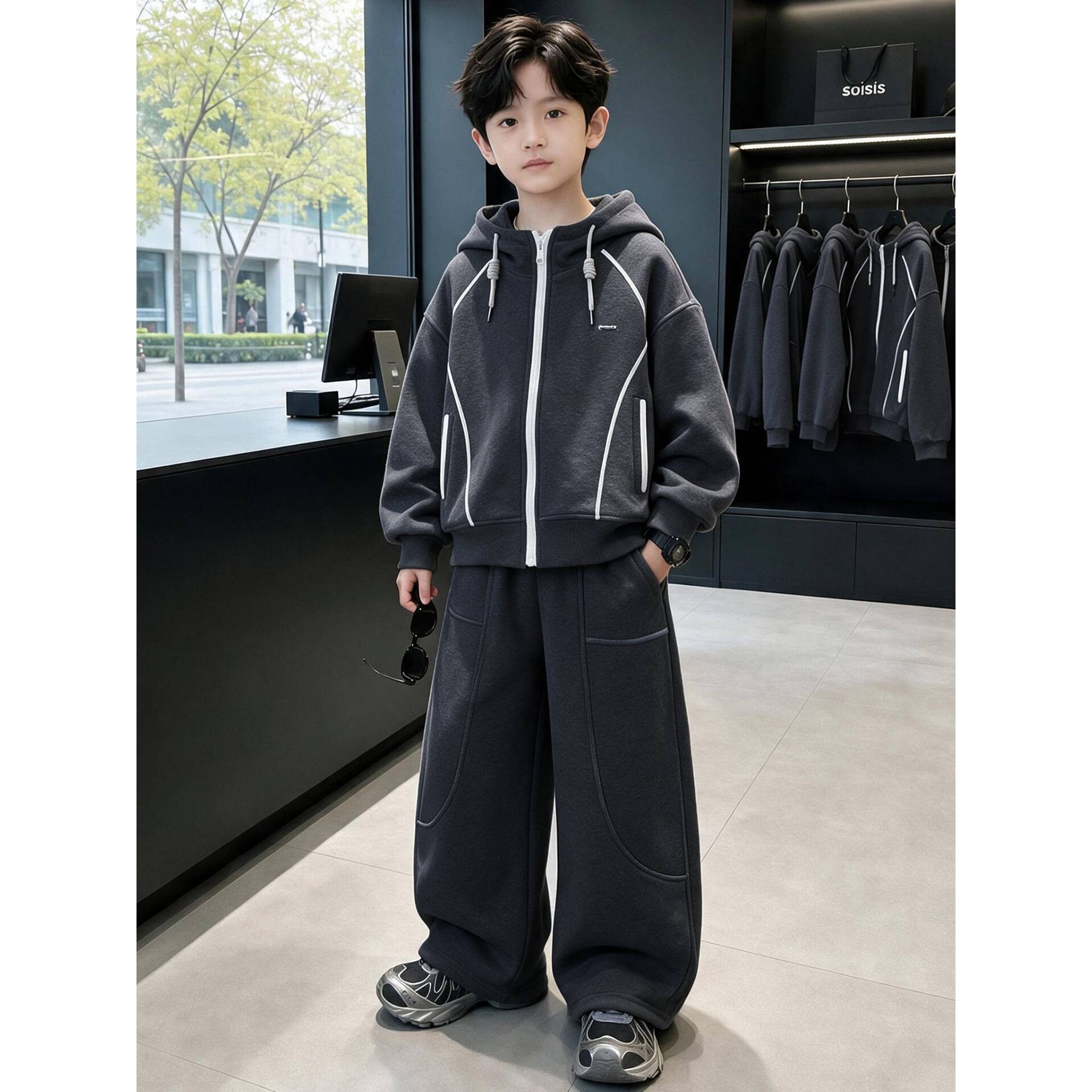 品牌专柜男童套装春春季2026新款秋装男孩运动服儿童针织连帽外套