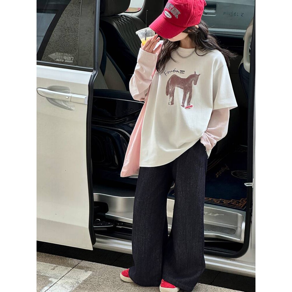 品牌专柜女童春季假两件T恤套装大童韩系穿搭春秋休闲运动工装裤