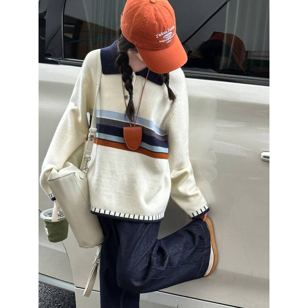 品牌专柜女童秋装针织套装2026新款初中生女孩长袖翻领毛衣牛仔阔