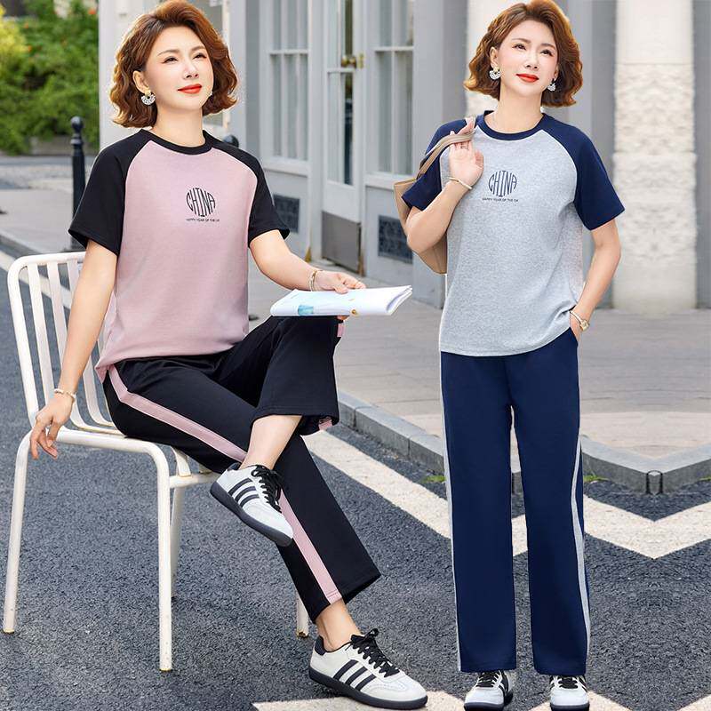 品牌专柜中年女运动套装夏装新款40岁50妈妈运动服夏季休闲短袖长
