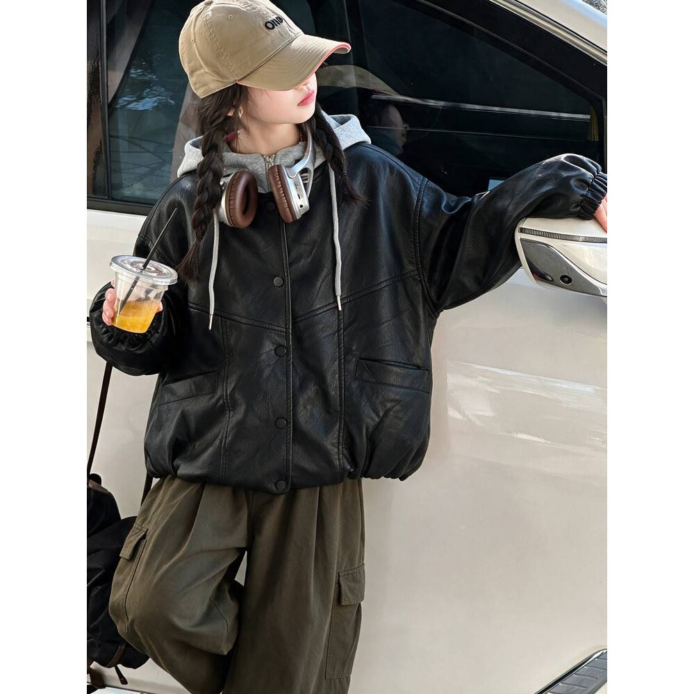 品牌专柜女童秋装外套2026新款初中生女生洋气假两件连帽皮衣女孩