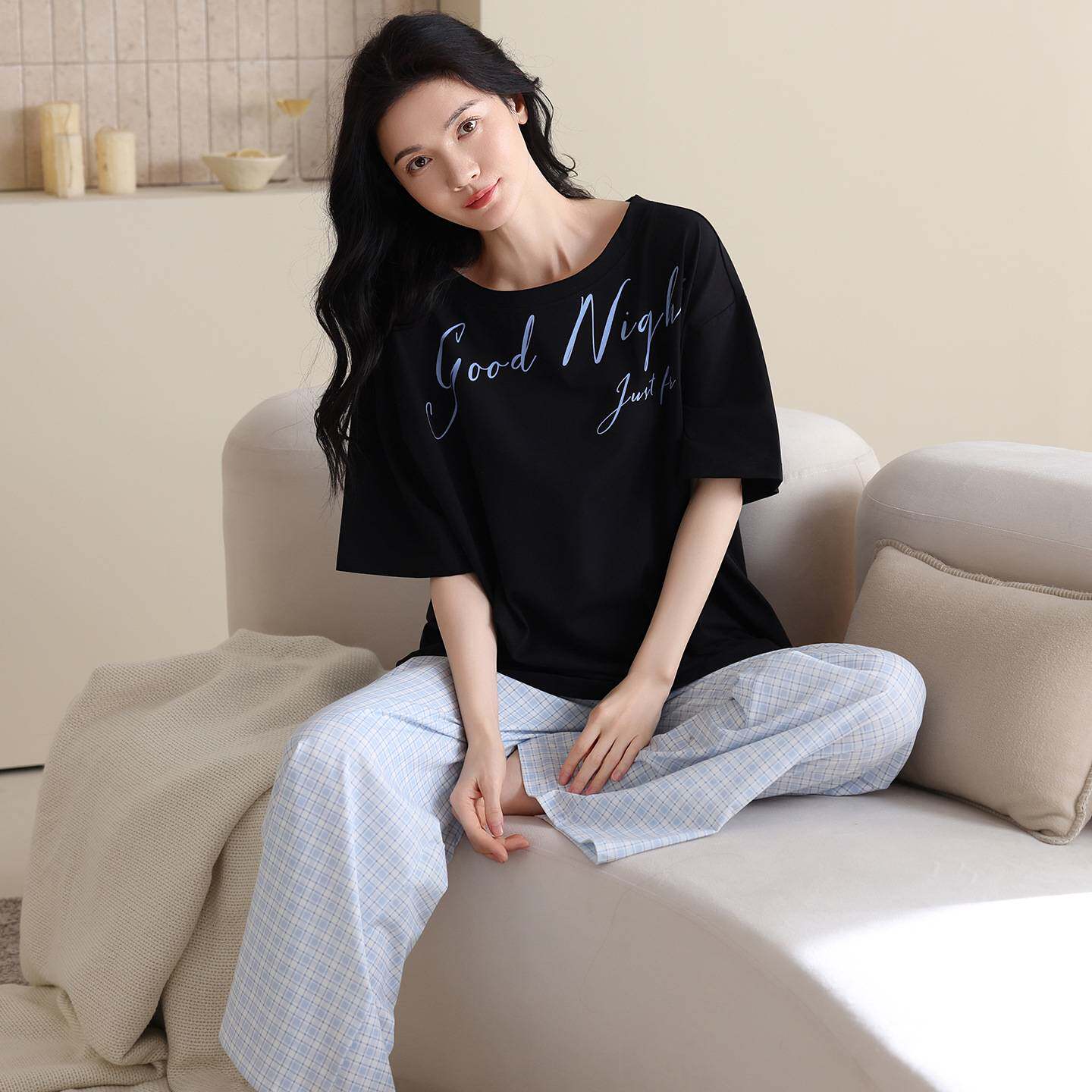 品牌专柜新春夏纯棉女士睡衣短袖长裤休闲外穿薄款家居服套装运动