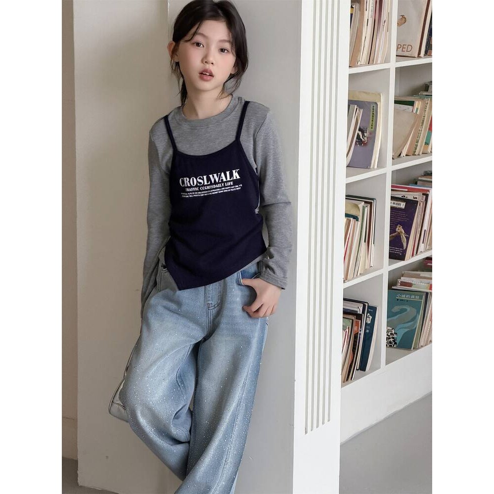 品牌专柜女童假两件长袖T恤春装2026新款洋气儿童百搭上衣大童春