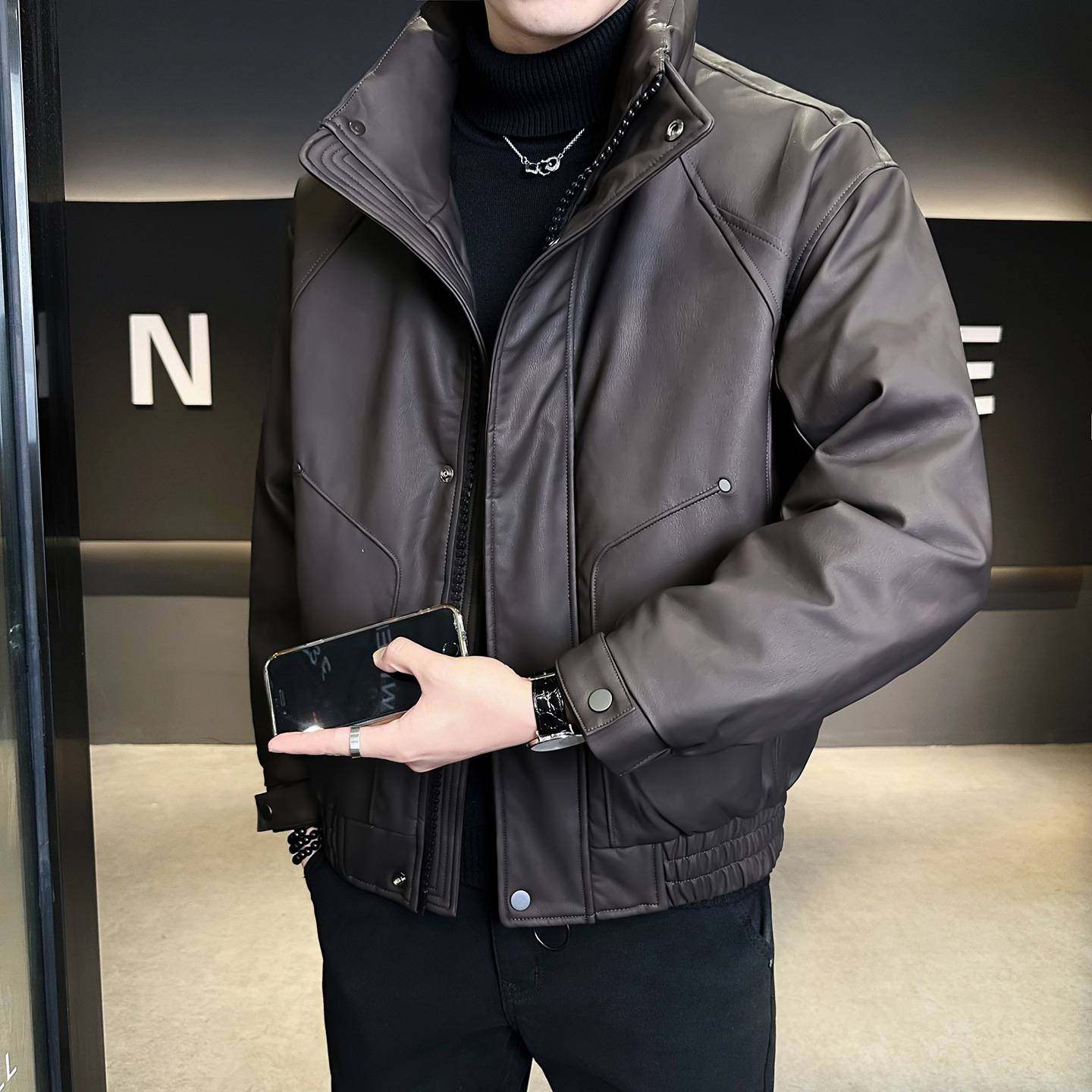 品牌专柜新款潮牌立领皮衣羽绒服痞帅潮流百搭男装高级感休闲夹克