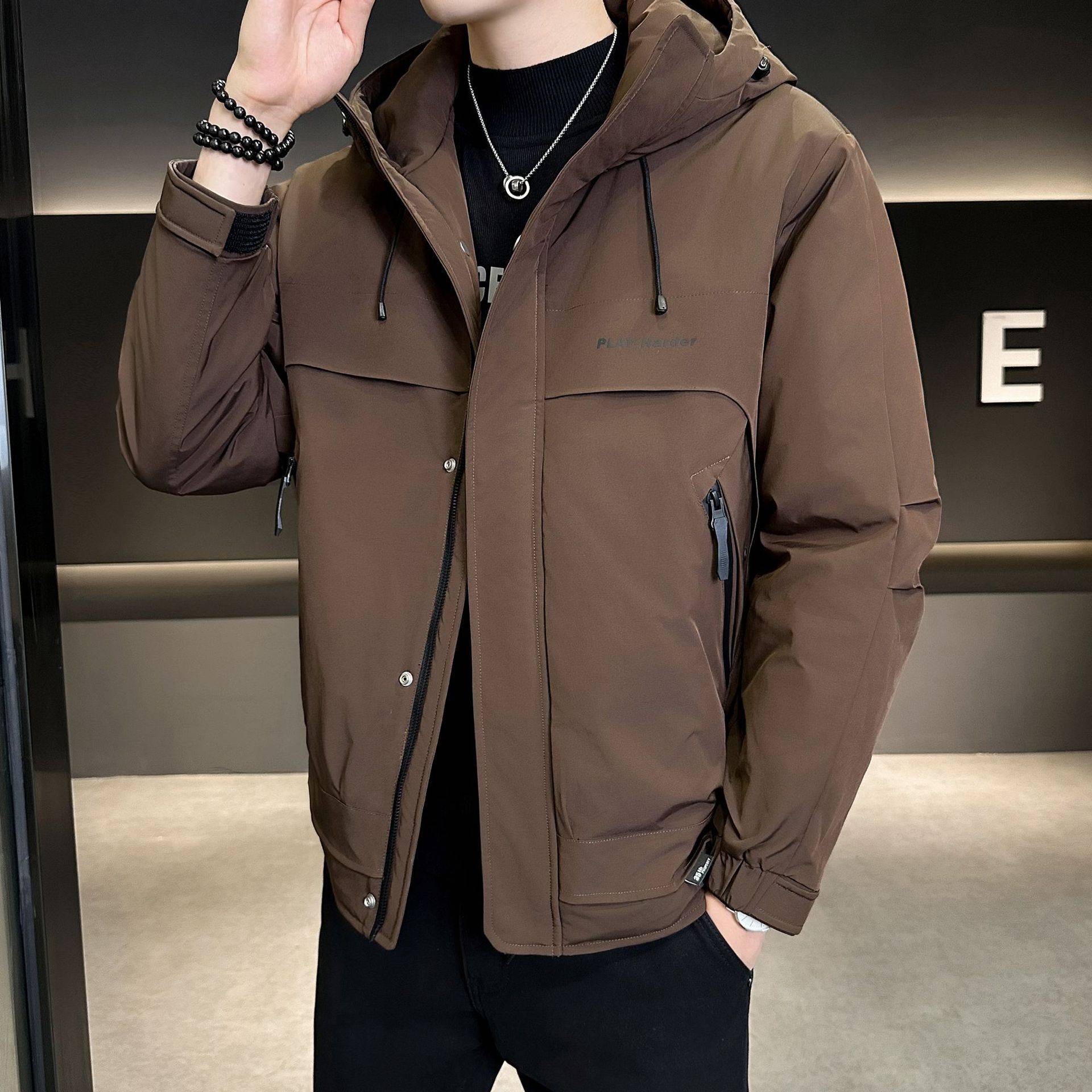 品牌专柜冬季新款高品质二棉男装连帽外套男士冲锋衣款夹克夹棉加