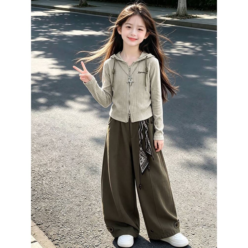 品牌专柜女童春秋款洋气时髦条纹连帽卫衣套装女大童休闲阔腿裤儿