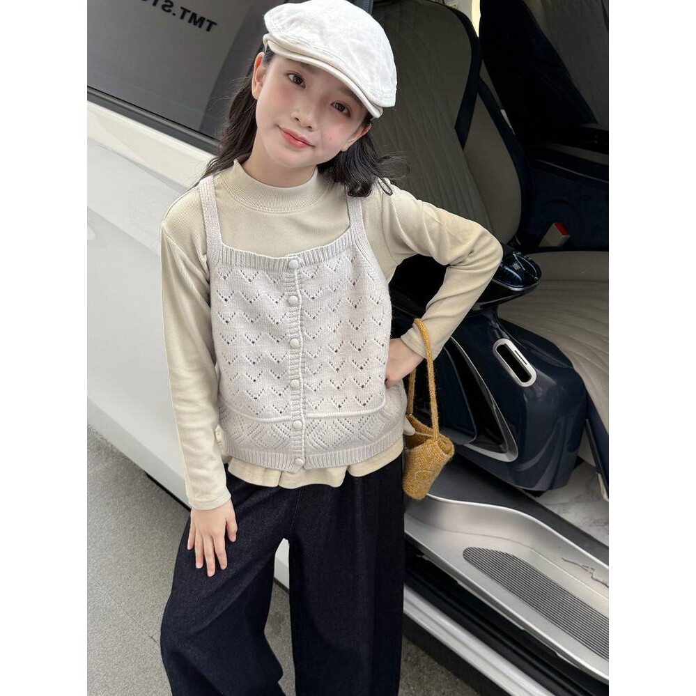 品牌专柜女童春春季毛线马甲套装2026新款儿童打底衫针织背心牛仔