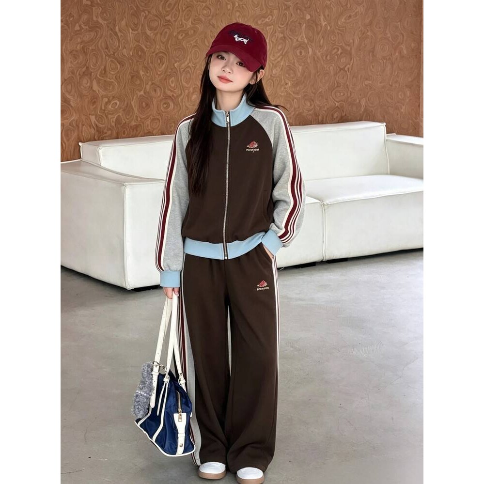品牌专柜女童春秋运动套装2026新款中大童韩版拉条外套休闲阔腿裤