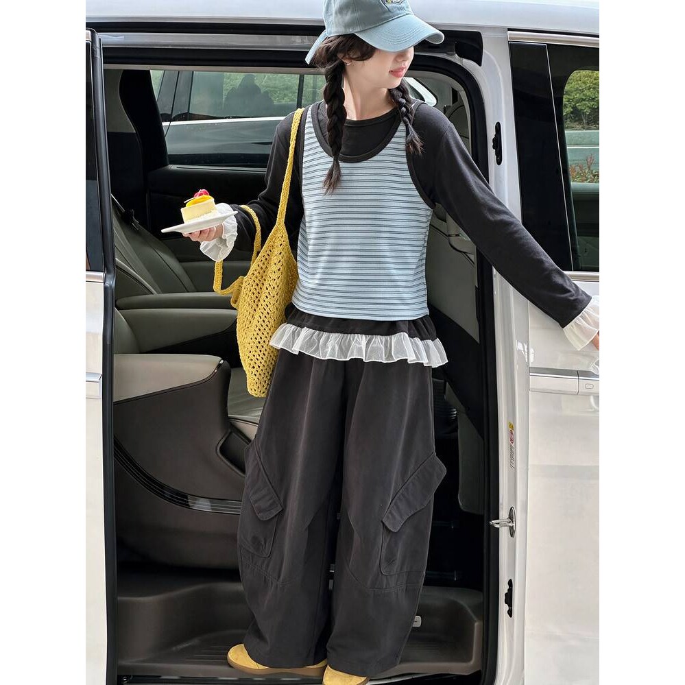 品牌专柜女童春季套装2026新款儿童洋气条纹背心上衣阔腿裤三件套