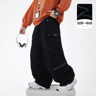 品牌专柜男童秋冬季户外黑色加绒伞兵工装裤2025新款儿童加厚阔腿