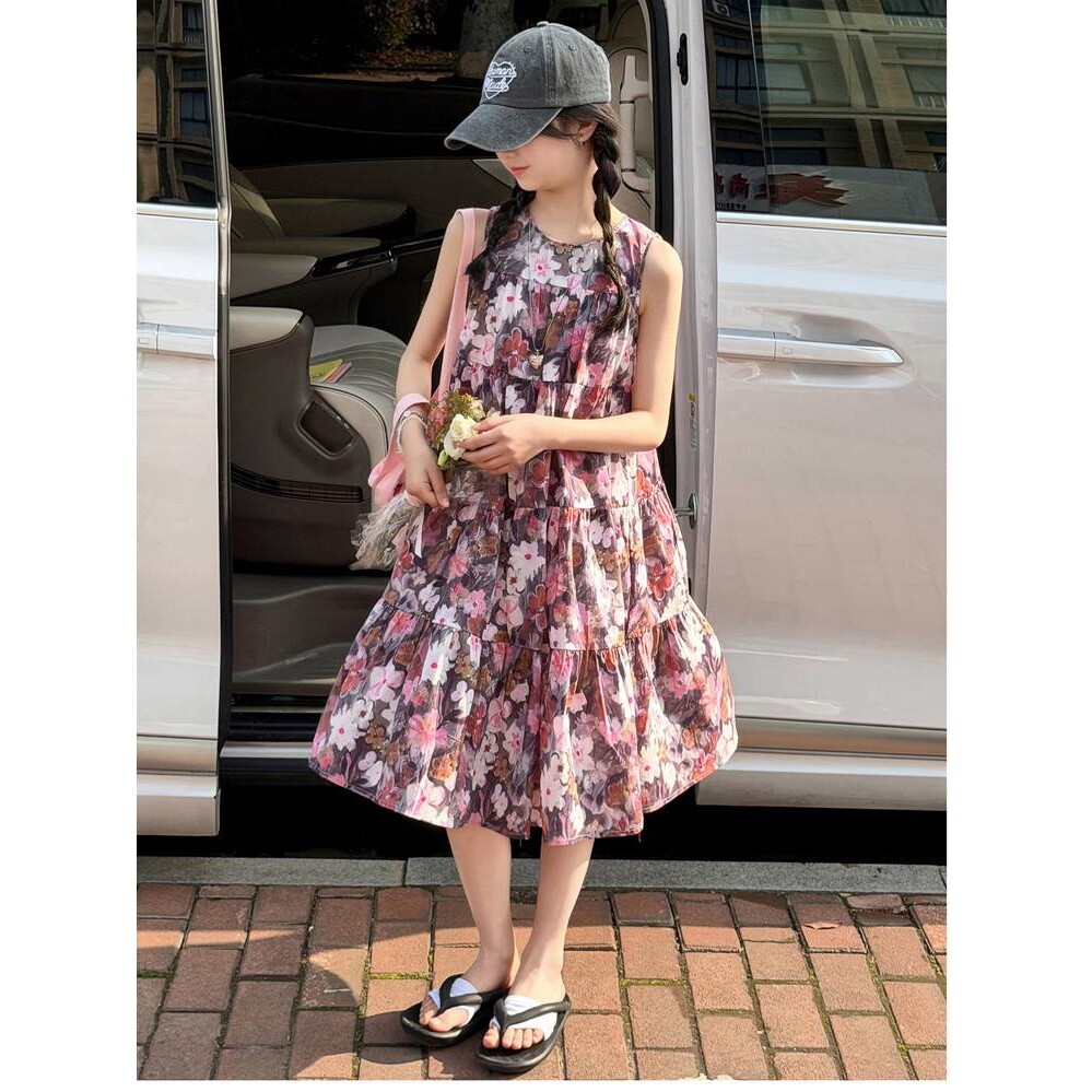 品牌专柜女童连衣裙夏季新款儿童女大童洋气夏款碎花无袖棉布公主