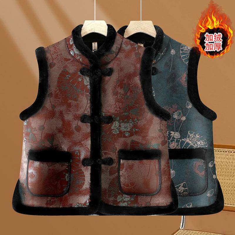 品牌专柜奶奶秋冬一体绒马甲加厚保暖老太太唐装背心中老年人女妈