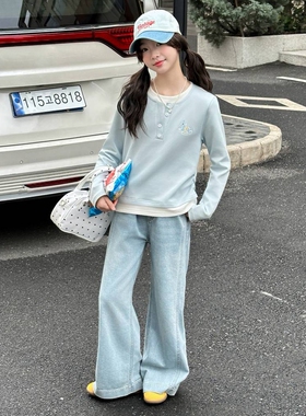 品牌专柜女童套装春秋潮酷2026春儿童假两件打底衫T恤牛仔裤两件