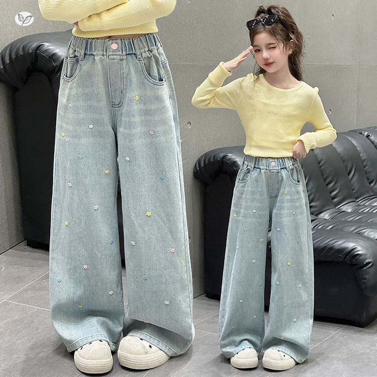 品牌专柜女童彩色花朵牛仔裤春夏2026新款中大童休闲阔腿裤可爱直