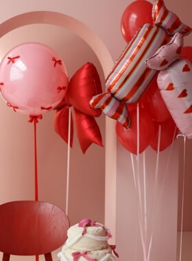 圣诞爱心条纹卡通糖果铝膜气球大红色蝴蝶结新年背景墙布置装饰品