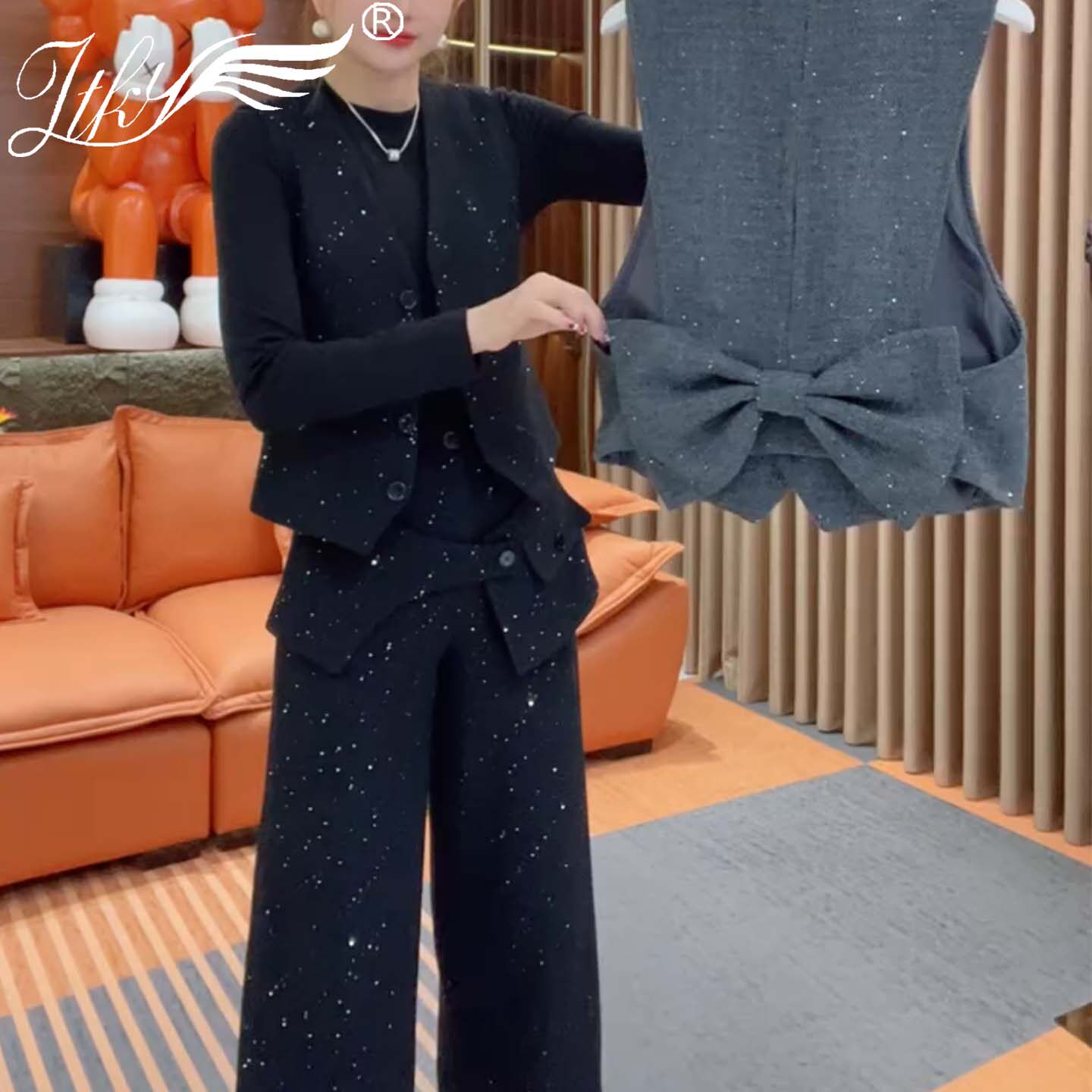 高级感洋气亮片套装女 2025冬季新款马甲精致穿搭长裤小衫三件套