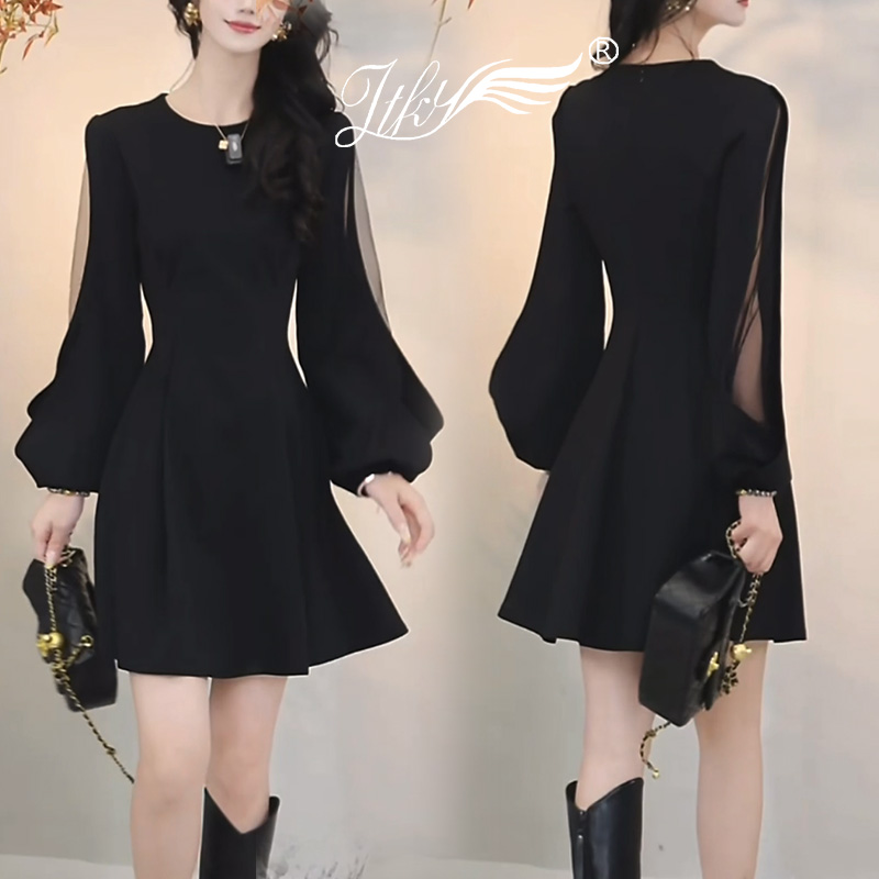 千金感黑色长袖连衣裙