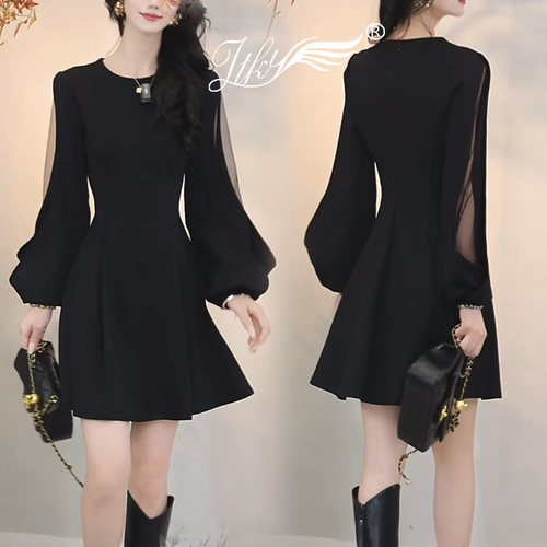 千金感黑色长袖连衣裙