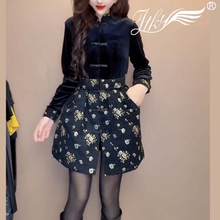 秋冬款旗袍裙复古盘扣连衣裙女小众收腰假两件轻奢洋气中长款裙子