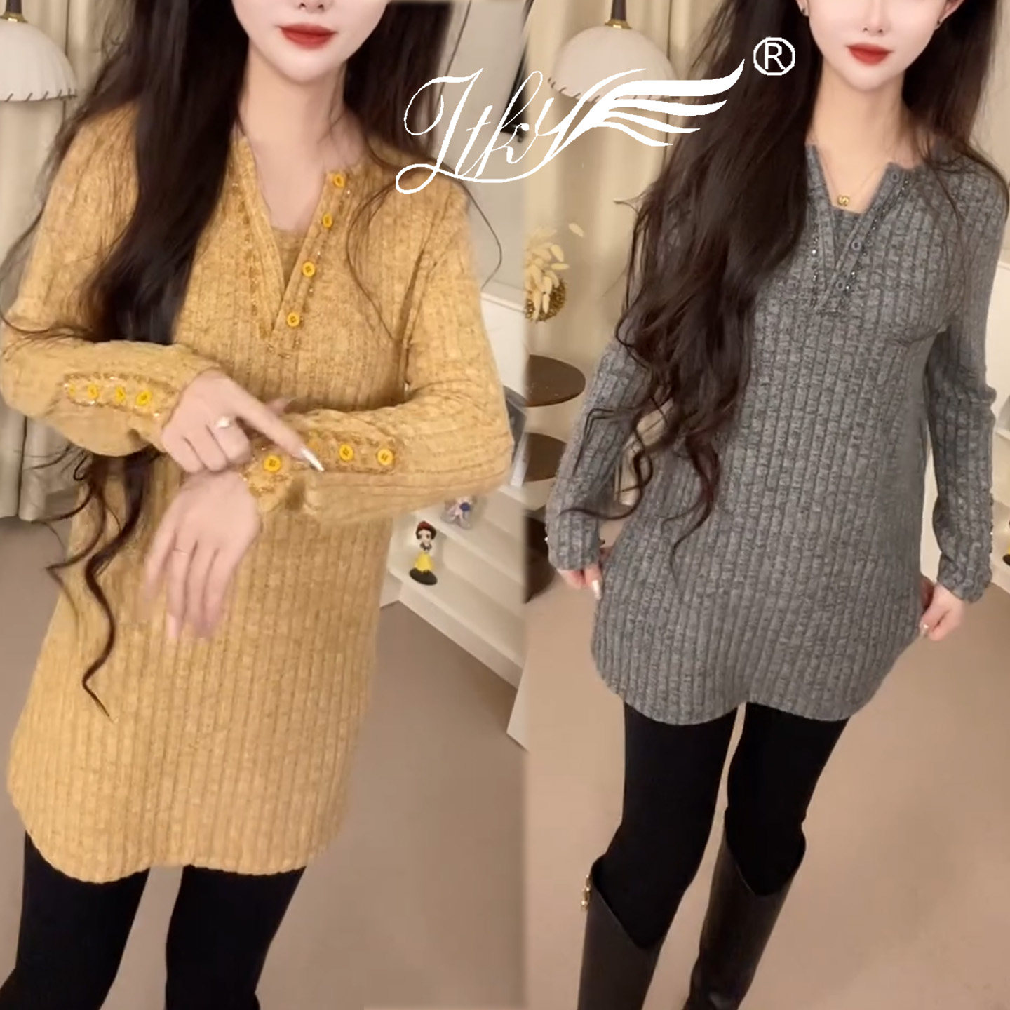 高级感V领中长款针织衫女长袖