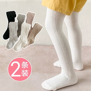 女童春秋季纯白色竖条纹打底连裤袜子小宝宝可开裆薄棉款儿童舞蹈