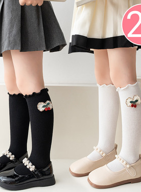 女童春秋季薄款花边樱桃长高中筒袜子儿童韩版白色小腿堆堆袜宝宝