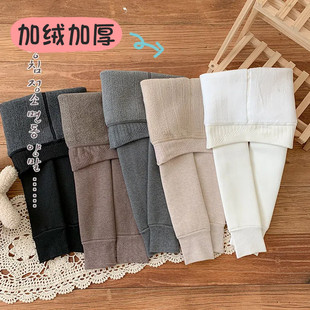 女童春秋冬季加绒加厚款竖条纹打底裤子儿童保暖宝宝可开裆连裤袜