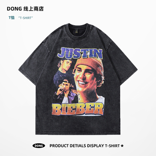 DONG 美式高街justinbieber比伯头像印花T恤宽松落肩五分袖短袖男