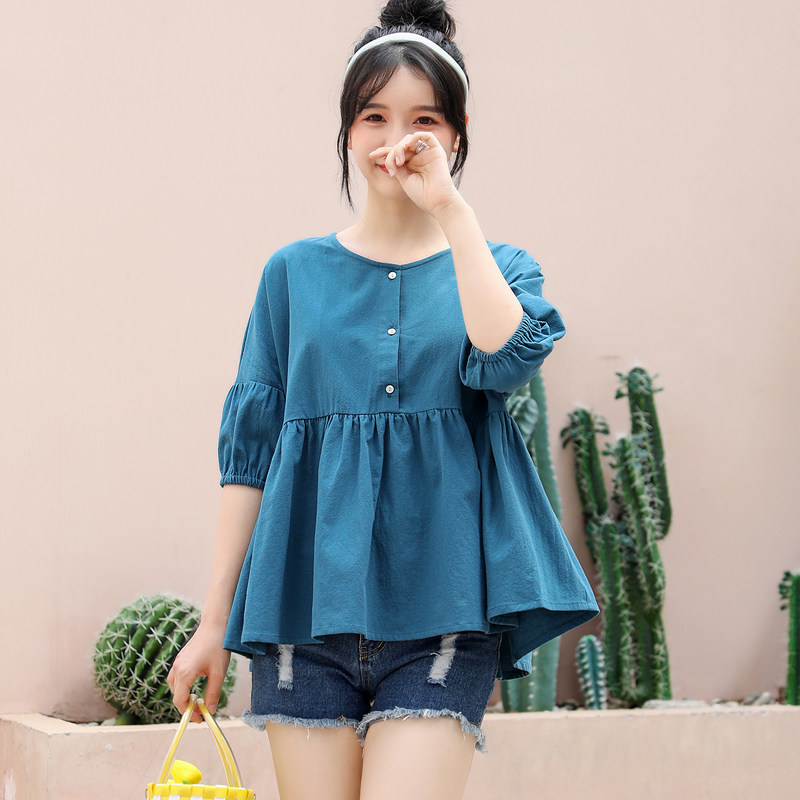 夏季新款娃娃衫韩版宽松大码蓬蓬高腰上衣棉麻衬衫灯笼袖亚麻女装
