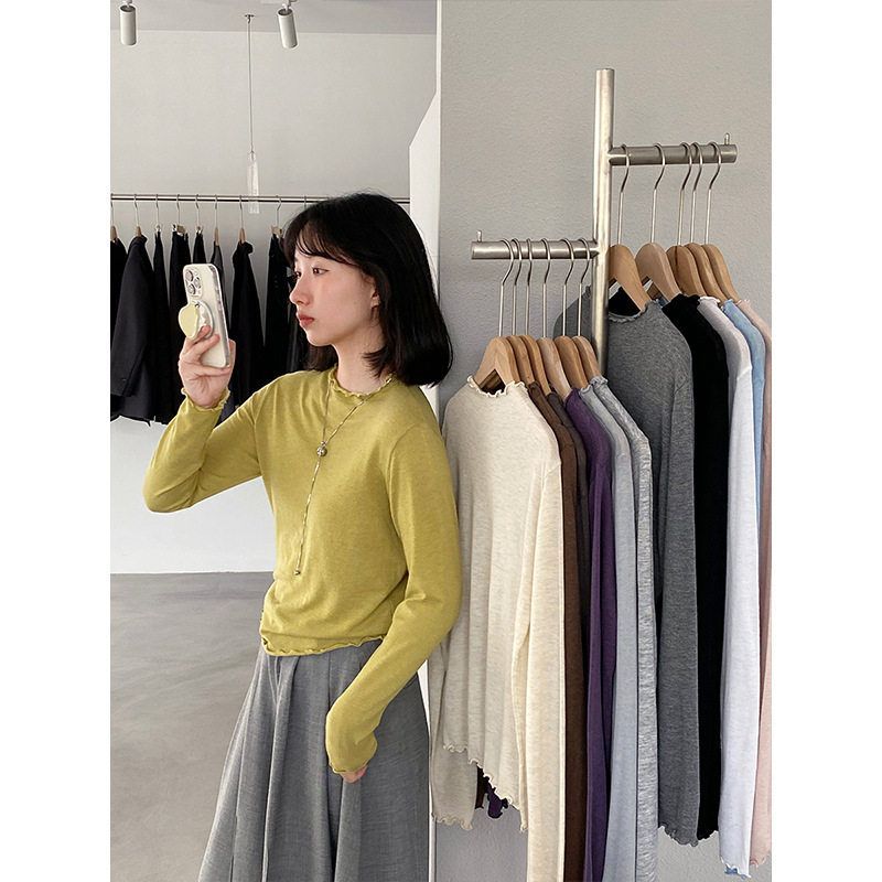 奶皮打底 秋冬新款显瘦套头上衣女 纯色木耳边长袖T恤女