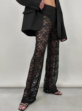 过渡性感区欧美黑色蕾丝性感透视厚修身裤百搭高腰休闲裤