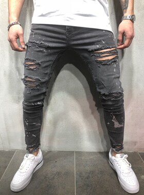 2019 washed and worn tight jeans denim worn pleated jeans
