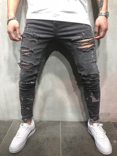 2019 washed and worn tight jeans denim worn pleated jeans