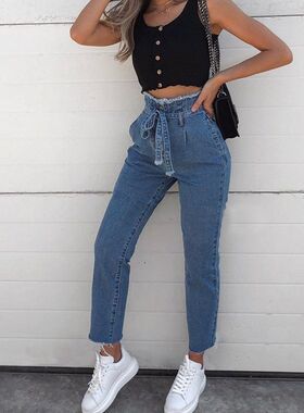 Hot style women's high-waisted denim jeans妇女毛边高腰牛仔裤