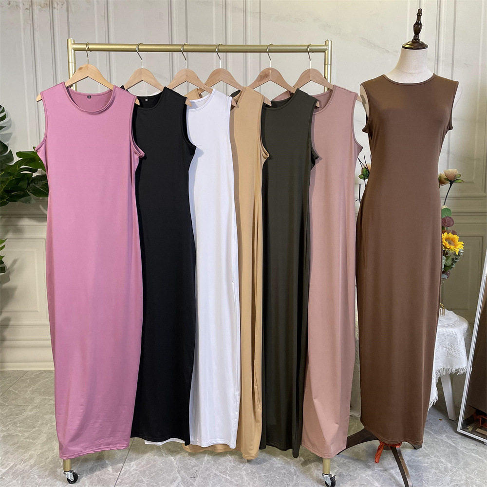 中东阿拉伯纯色休闲无袖打底长裙迪拜旅游内搭背心裙 dress women